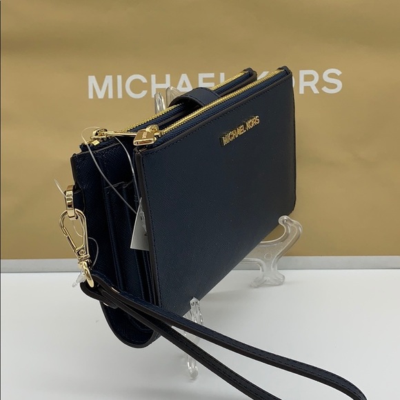 MICHAEL KORS LG DOUBLE ZIP WRISTLET PHONE CASE - wallet Navy NWT - Picture 2 of 16